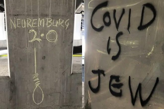 The words “Neuremburg 2.0” (sic), next to a hangman noose, and “Covid is Jew” were spray-painted on an underpass in Melbourne, Australia.
Source: Screenshot.