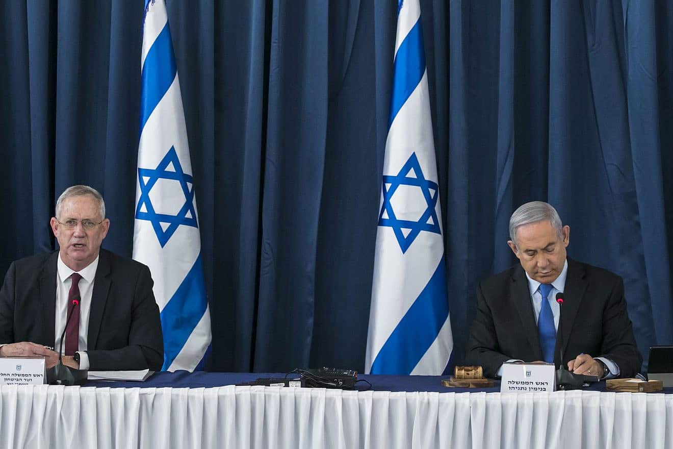 Israeli Prime Minister Benjamin Netanyahu and then-Alternate Prime Minister and Defense Minister Benny Gantz at the weekly cabinet meeting, at the Ministry of Foreign Affairs in Jerusalem on June 28, 2020. Photo by Olivier Fitoussi/Flash90.