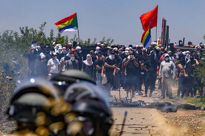 Druze protest in the Golan Heights against the construction of a new wind farm near the Druze village of Majdal Shams, in the Golan Heights, June 21, 2023. Photo by Ayal Margolin/Flash90/