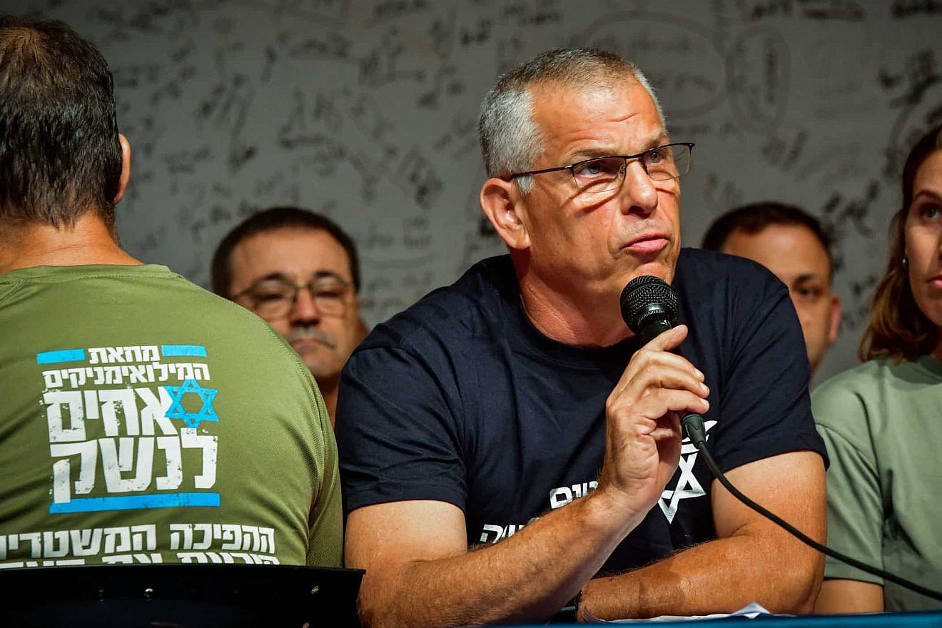 Members of the Brothers in Arms protest group hold a press conference in Herzliya, July 22, 2023. Photo: Avshalom Sassoni/Flash90