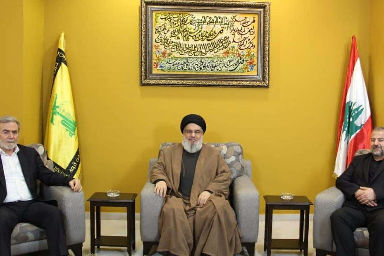 Hezbollah leader Hassan Nasrallah, center, is flanked by Palestinian Islamic Jihad leader Ziyad al-Nakhala (left) and Hamas deputy politburo head Saleh al-Arouri, Beirut, Lebanon, Sept. 2, 2023. Source: Twitter/X.
