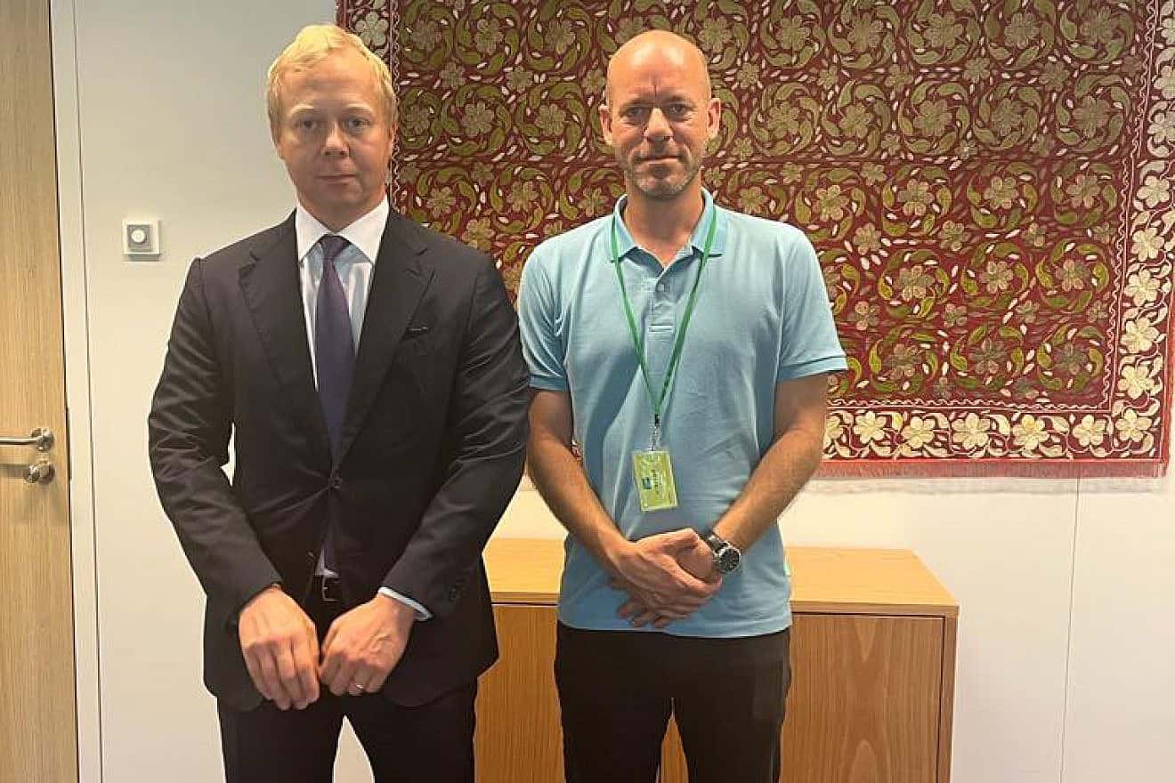E.U. Special Representative for the Middle East Peace Process Sven Koopmans (left) and French-Palestinian terrorist Salah Hamouri meet in Brussels, Sept. 7, 2023. Photo by Freedom for Salah Hamouri.