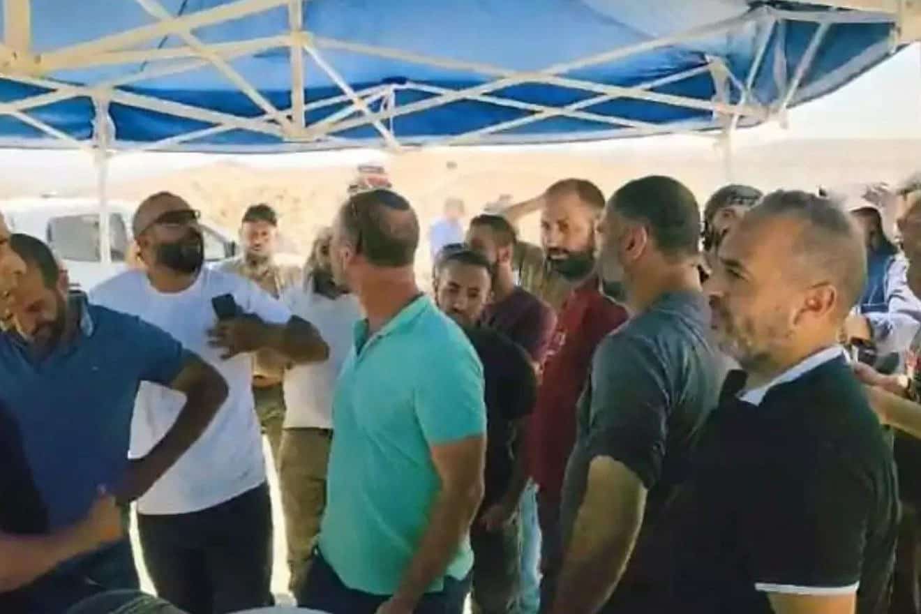 Arabs disrupt an event in Gush Etzion spotlighting the illegal construction of an Arab city in a nature reserve, Sept. 7, 2023. Credit: Courtesy.