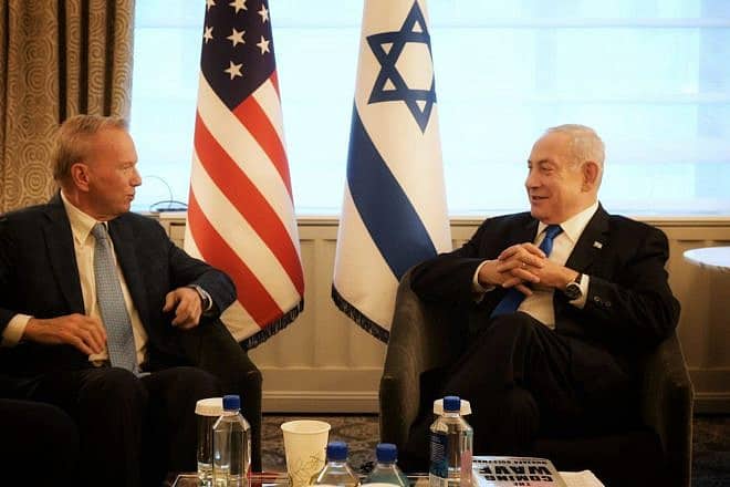 Israeli Prime Minister Benjamin Netanyahu meets with former Google CEO Eric Schmidt in New York City while Netanyahu was in town for the U.N. General Assembly, Sept. 21, 2023. Credit: Avi Ohayon/GPO.
