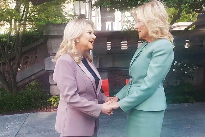 Israeli first lady Sara Netanyahu (left) with U.S. first lady Jill Biden at a reception in New York City during proceedings related to the U.N. General Assembly on Sept. 20, 2023. Credit: Ohad Kav/GPO.