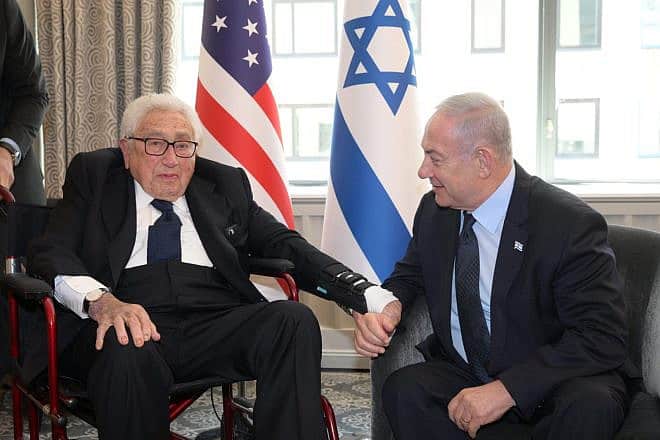 Israeli Prime Minister Benjamin Netanyahu (right) meets with Henry Kissinger, the former U.S. secretary of state, in New York City on Sept. 21, 2023. Credit: Avi Ohayon (GPO)