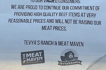 A sign in a New Jersey kosher supermarket prior to the High Holidays to its customers regarding meat prices, September 2023. Credit: Courtesy.