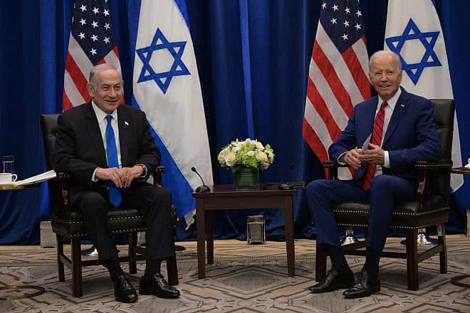 Israeli Prime Minister Benjamin Netanyahu and U.S. President Joe Biden meet at the InterContinental Hotel in New York, Sept. 20, 2023. Photo by Avi Ohayon/GPO.