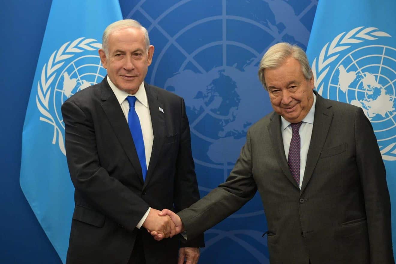 Israeli Prime Minister Benjamin Netanyahu meets with António Guterres, secretary-general of the United Nations in New York City on Sept. 20, 2023. Credit: Avi Ohayon/GPO.