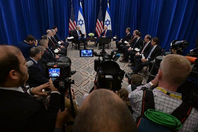 U.S. President Joe Biden, Israeli Prime Minister Benjamin Netanyahu and their delegations meet on the sidelines of the U.N. General Assembly on Sept. 20, 2023 at the at the Intercontinental Hotel in New York City. Photo by Avi Ohayon/GPO.