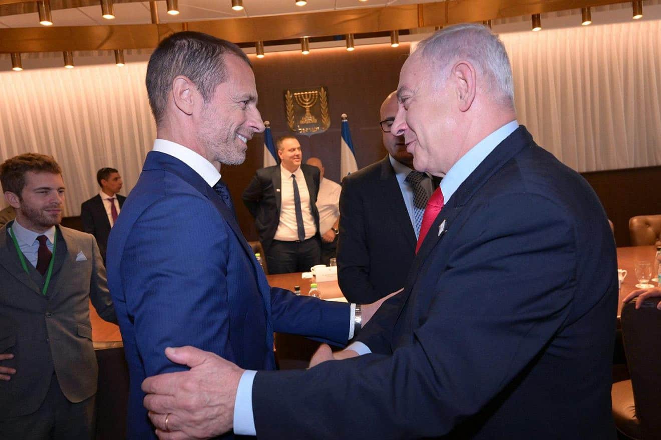 Israeli Prime Minister Benjamin Netanyahu meets in Jerusalem with UEFA President Aleksander Čeferin, Sept. 27, 2023. Photo by Amos Ben-Gershom/GPO.