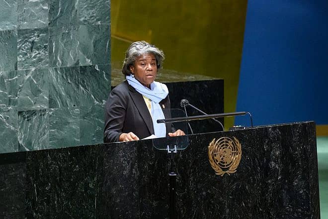 U.S. Ambassador to the United Nations Linda Thomas-Greenfield speaks at a special emergency session of the U.N. General Assembly on March 2, 2022. Credit: U.S. State Department.