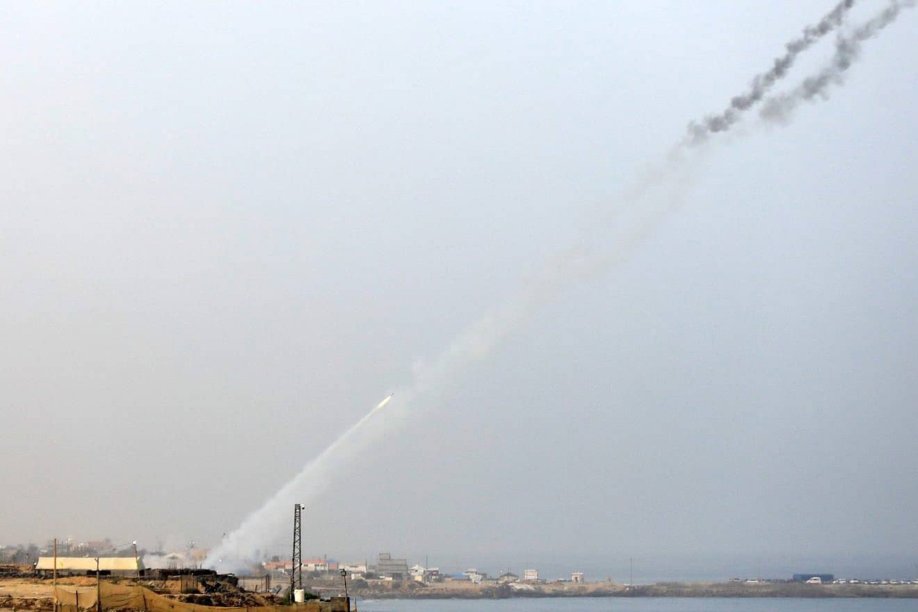 Palestinian terrorist organizations in the Gaza Strip fire rockets toward the sea, Sept. 12, 2023. Photo by Majdi Fathi/TPS.