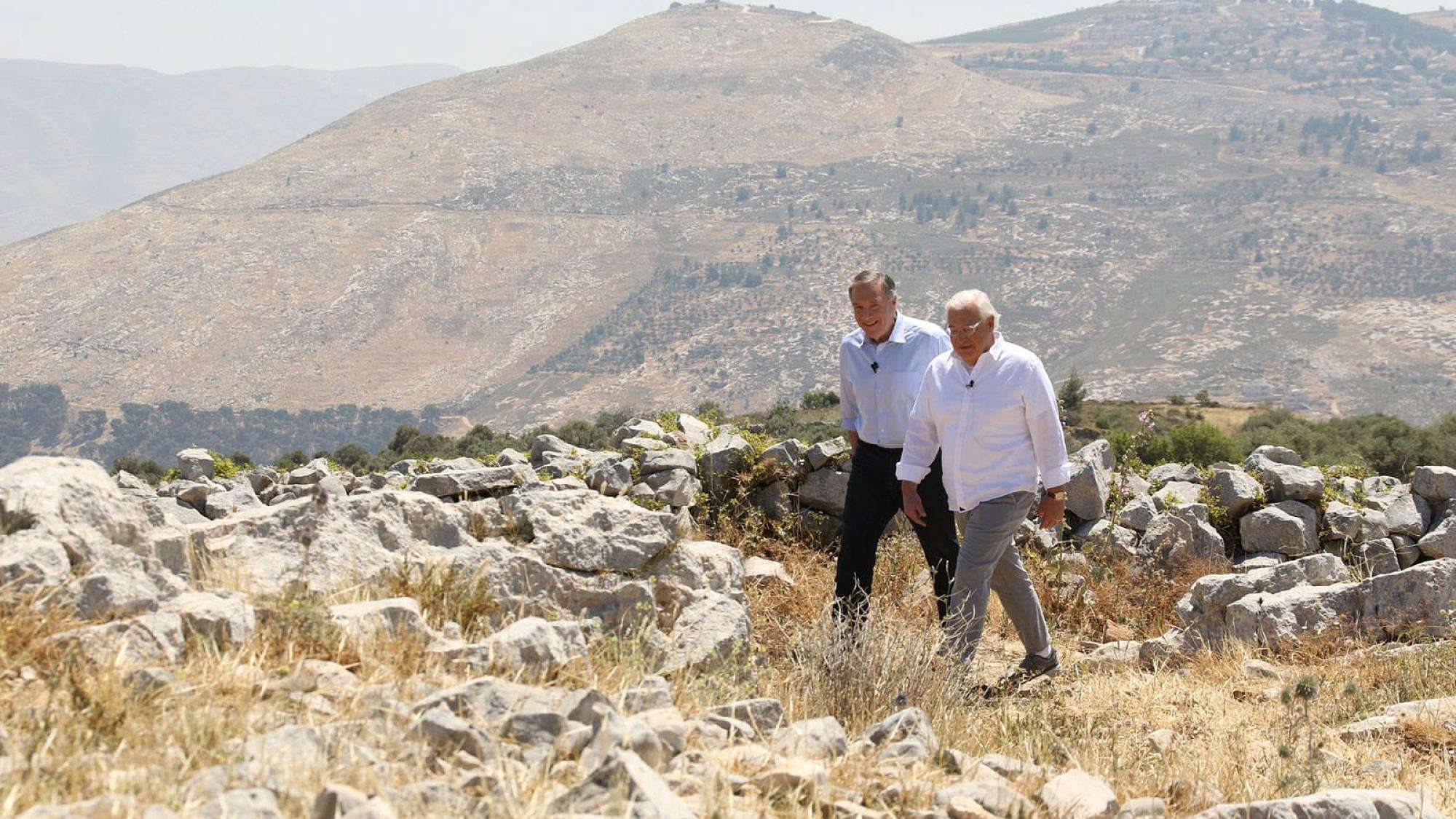 Former U.S. Secretary of State Mike Pompeo and former U.S. Ambassador to Israel David Friedman in Judea and Samaria during the filming of the documentary film "Route 60: Israel’s Biblical Highway," which hits theaters on Sept. 18-19, 2023. Credit: Courtesy.