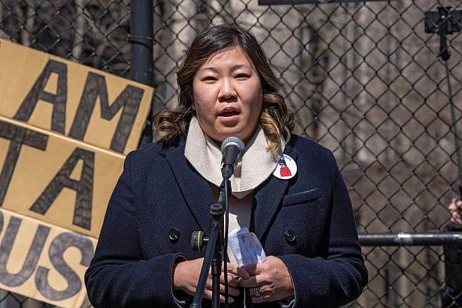 Rep. Grace Meng (D-N.Y.) speaks at a rally against hate in the Chinatown neighborhood of Manhattan on April 3, 2021. Credit: Ron Adar/Shutterstock.