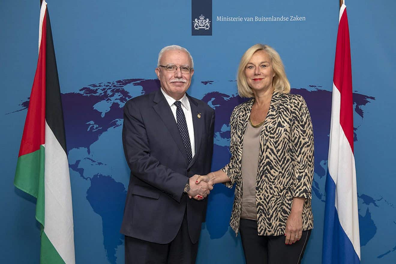 Then-Dutch Foreign Minister Sigrid Kaag (right) meets Palestinian Authority Foreign Minister Riyad al-Maliki in The Hague, May 15, 2019. Credit: Dutch Ministry of Foreign Affairs.