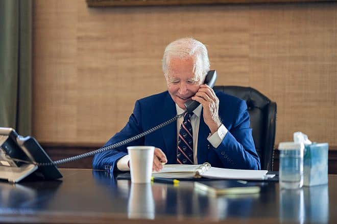 U.S. President Joe Biden participates in a call with 11 world leaders about Ukraine on Oct. 3, 2023, in the Treaty Room of the White House. Adam Schultz/Official White House Photo.