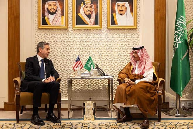 U.S. Secretary of State Antony Blinken meets with Saudi Foreign Minister Prince Faisal bin Farhan in Riyadh, Saudi Arabia on Oct. 14, 2023. Credit: Chuck Kennedy/U.S. State Department.