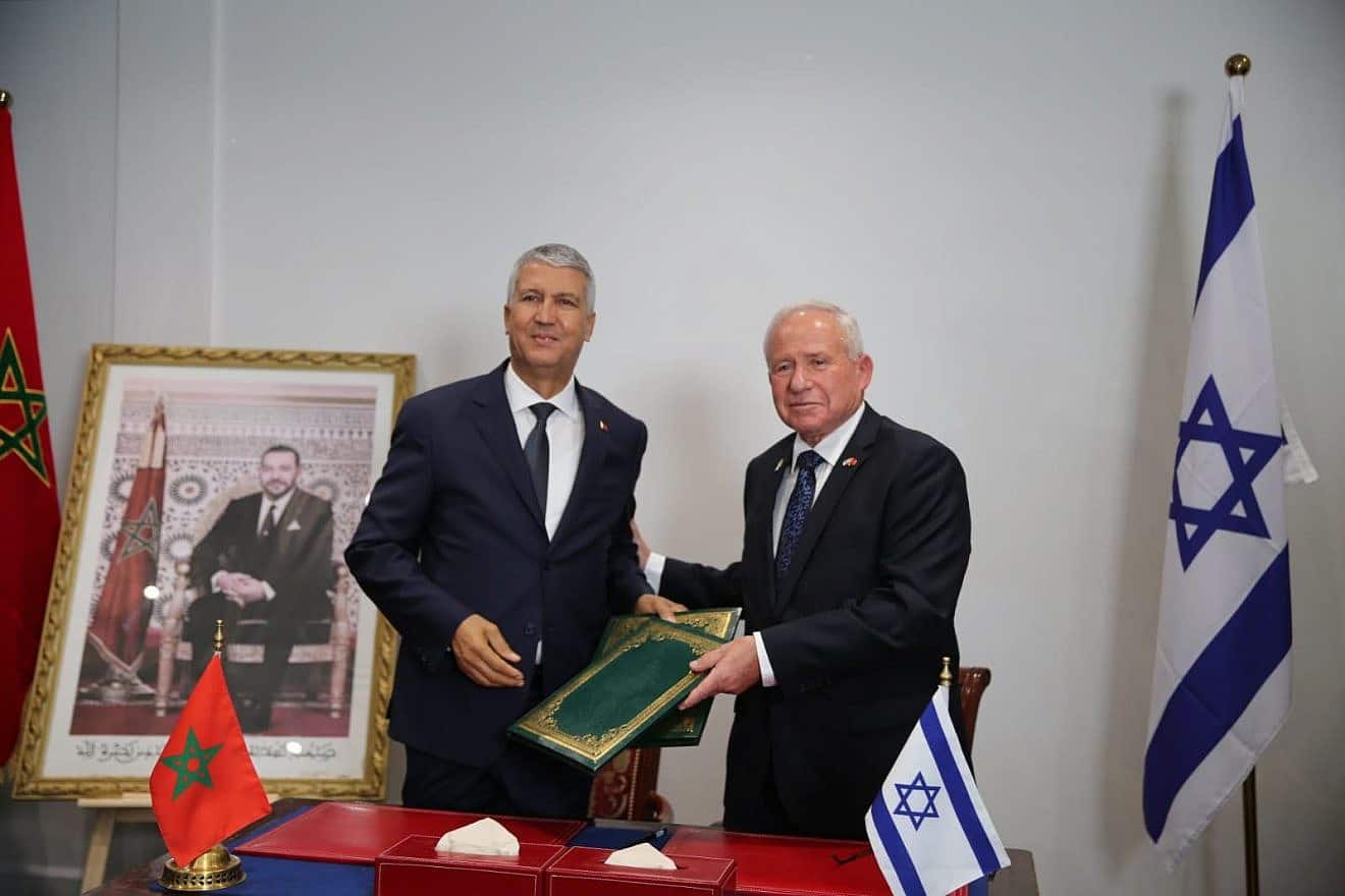 Moroccan Minister of Agriculture, Maritime Fisheries, Rural Development, and Water and Forests Mohamed Sadiqi and Israeli Minister of Agriculture and Rural Development Avi Dichter in Marrakesh, Sept. 28, 2023. Credit: Israeli Ministry of Agriculture.