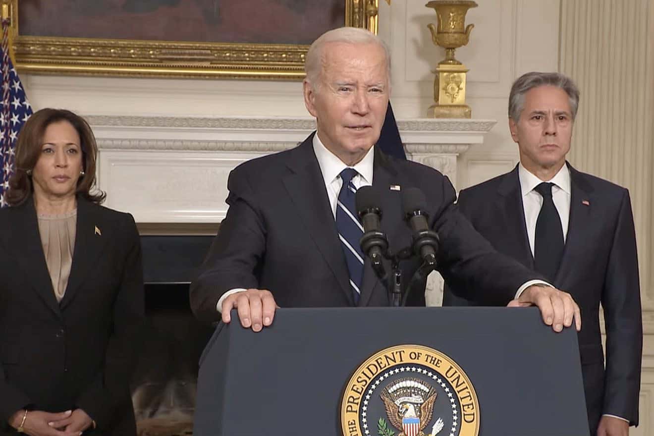 U.S. President Joe Biden addresses the nation about Israel, flanked by Vice President Kamala Harris and Secretary of State Antony Blinken, Oct. 10, 2023. Source: YouTube/White House.