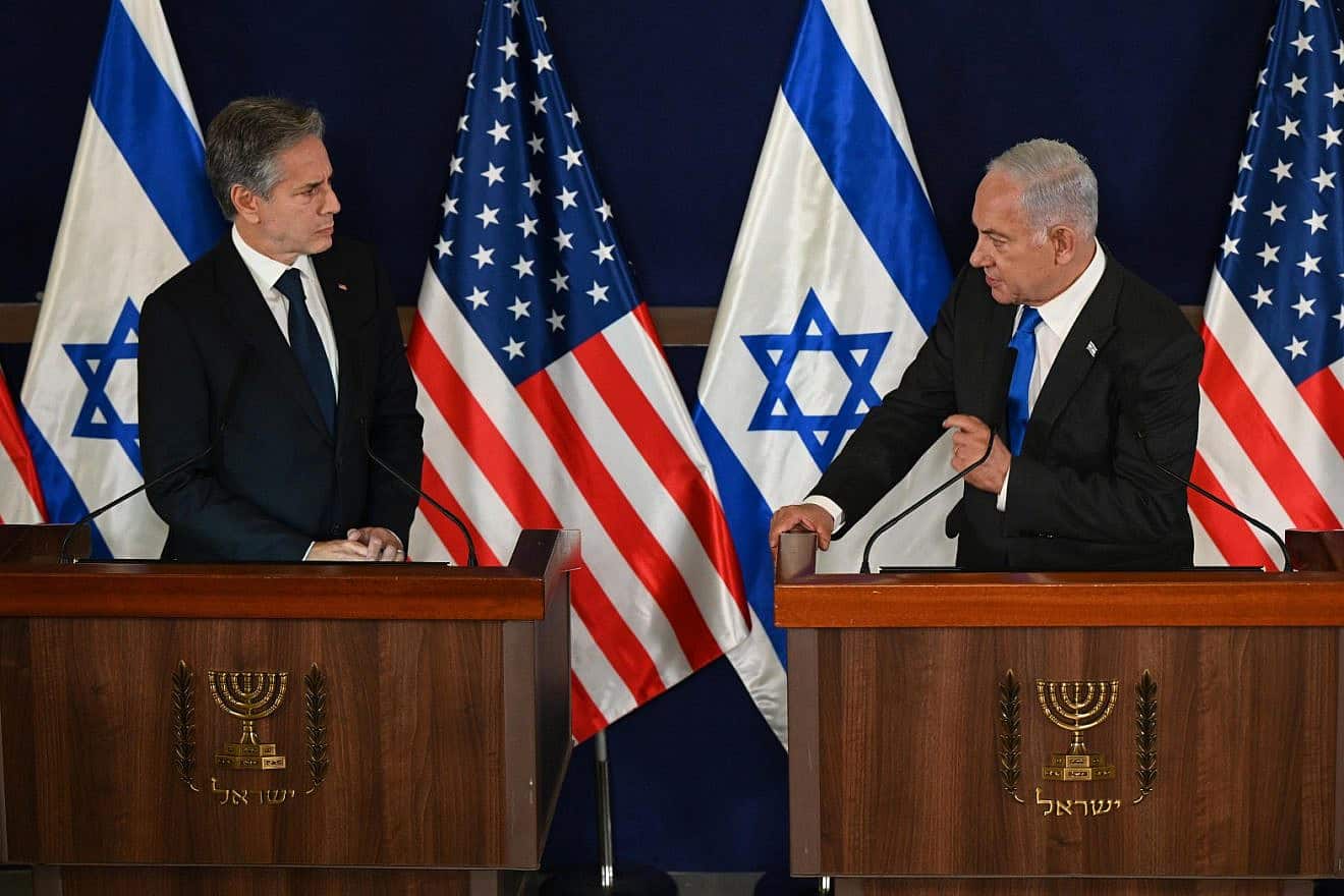 Israeli Prime Minister Benjamin Netanyahu with U.S. Secretary of State Antony Blinken, at a press conference in Tel Aviv, Oct. 12, 2023. Photo by Haim Zach/GPO.