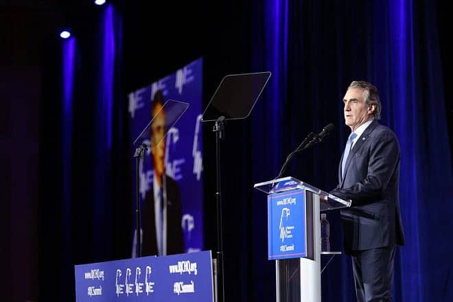 North Dakota Gov. Doug Burgum, who is running for president, speaks at the Republican Jewish Coalition’s annual Leadership Summit in Las Vegas on Oct. 28, 2023. Credit: Courtesy of the RJC.