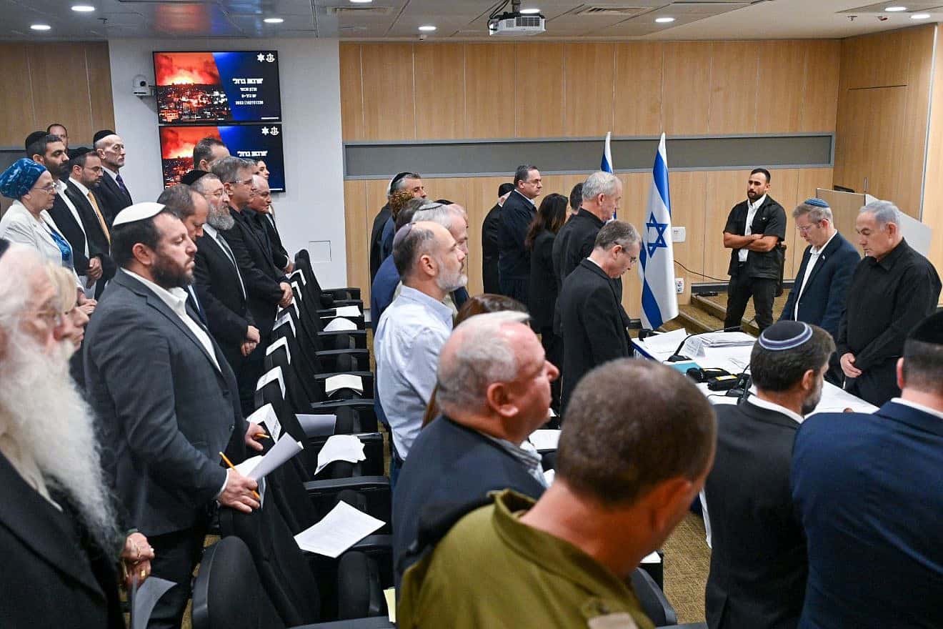 The Israeli Cabinet observes a moment of silence at military headquarters in Tel Aviv for the victims of the Oct. 7 Hamas attack, Oct. 15, 2023. Photo by Koby Gideon/GPO.
