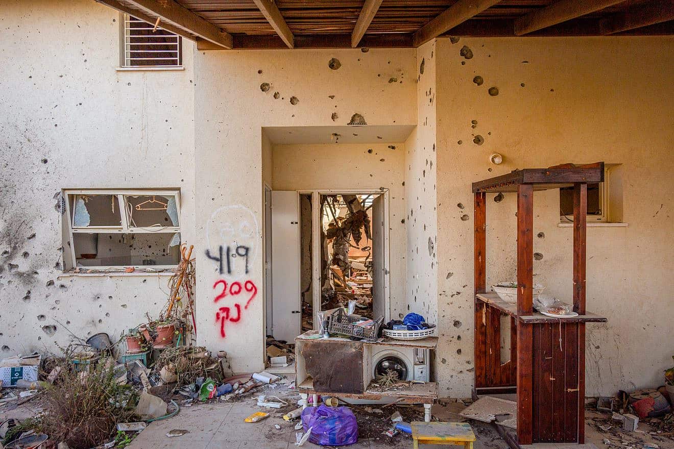 A Jewish home destroyed on Oct. 7 when Hamas terrorists infiltrated Kibbutz Be'eri in southern Israel near the border with the Gaza Strip, Oct. 25, 2023. Photo by Edi Israel/Flash90.