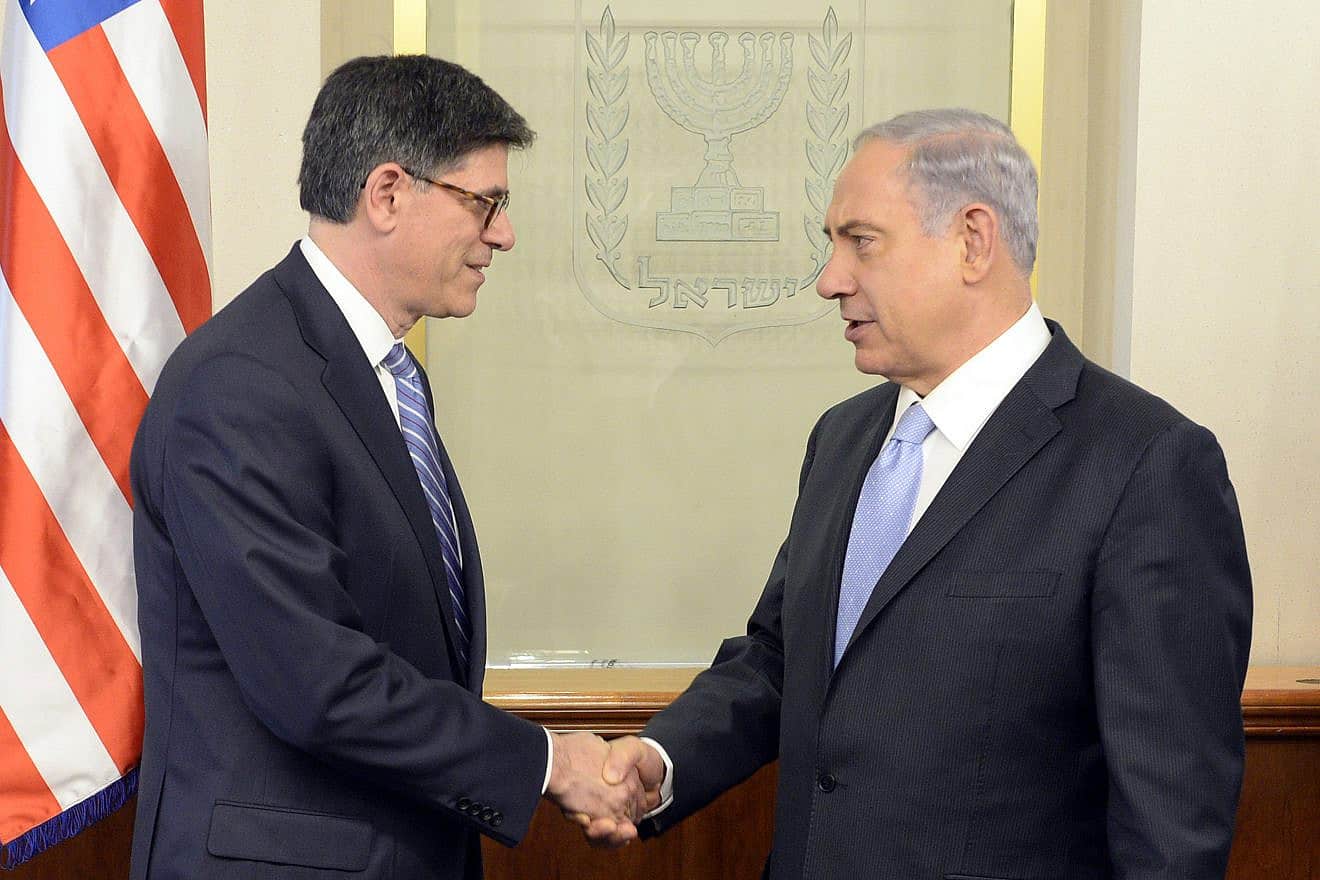 Israeli Prime Minister Benjamin Netanyahu meets with then-U.S. Secretary of the Treasury Jack Lew in Jerusalem on June 18, 2014. Photo by Matty Stern/U.S. Embassy Tel Aviv/Flash90.