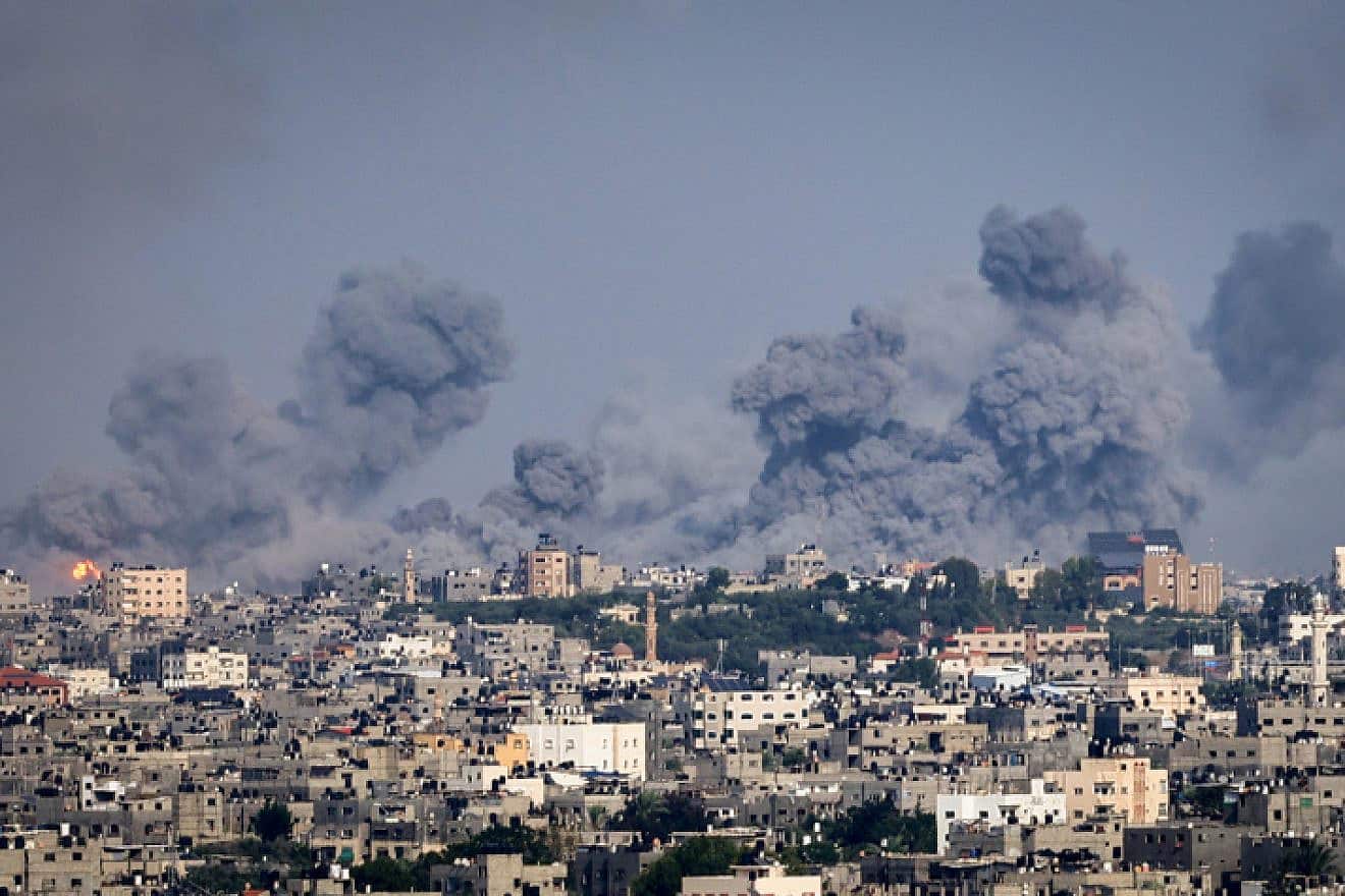 Smoke rises after Israeli air strikes near the border east of Rafah city in the southern Gaza Strip, Oct. 8, 2023. Photo by Atia Mohammed/Flash90.