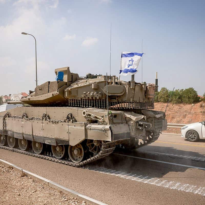 An IDF tank in southern Israel, Oct. 8, 2023. Photo by Chaim Goldberg/Flash90.