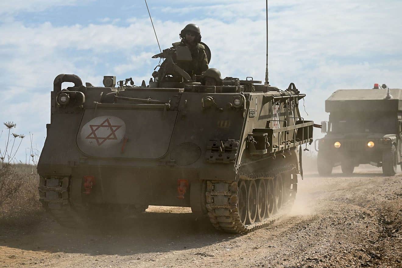 IDF armored and infantry reserve units in military training on the Golan Heights before heading South to the Gaza Strip on Oct. 8, 2023. Photo: Michael Giladi/Flash90