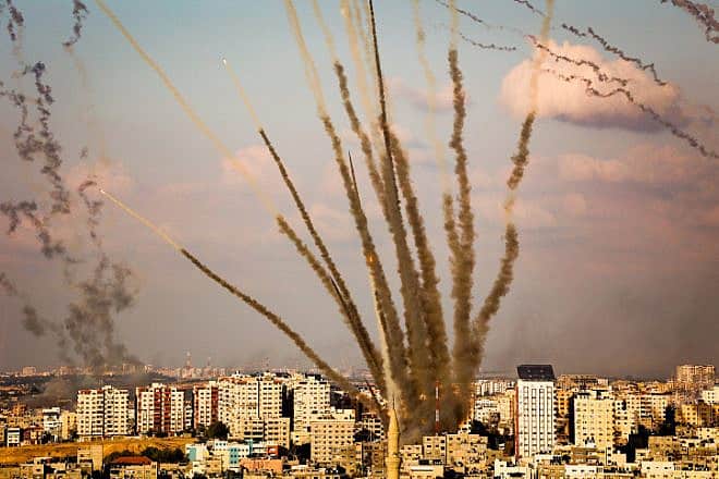Rockets fired from the Gaza Strip towards Israel, Oct. 10, 2023. Photo by Atia Mohammed/Flash90.