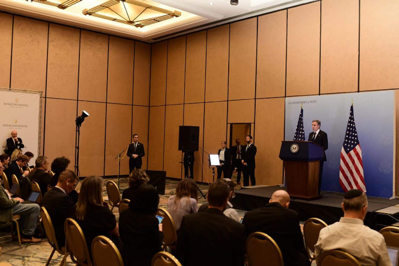 U.S. Secretary of State Antony Blinken speaks during a press conference in Tel Aviv on Oct. 12, 2023. Photo by Tomer Neuberg/Flash90.
