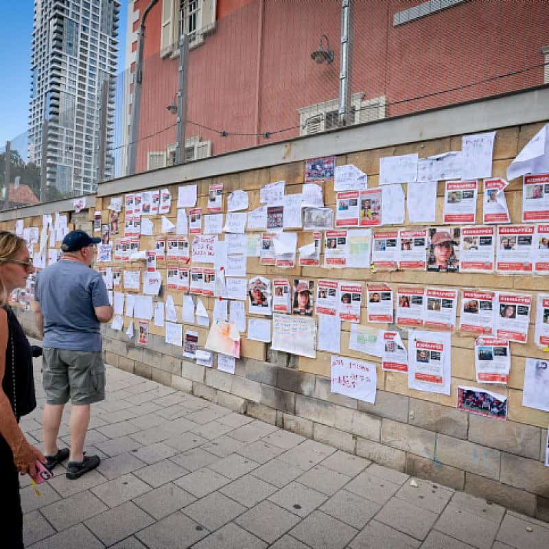 Posters of Israelis held hostage by Hamas terrorists in the Gaza Strip, outside the Israeli Defense Ministry in Tel Aviv, Oct. 15, 2023. Photo by Yossi Zamir/Flash90.