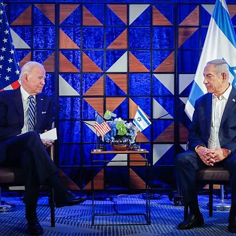 Israeli Prime Minister Benjamin Netanyahu meets with U.S. President Joe Biden, who flew in to show support for the Jewish state and discuss the war with Hamas terrorists in the Gaza Strip, in Tel Aviv on Oct. 18, 2023. Photo by Miriam Alster/Flash90.
