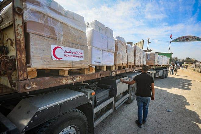 Humanitarian aid arrives at the Gaza side of the Rafah border crossing with Egypt, Oct. 21, 2023. Photo by Atia Mohammed/Flash90.