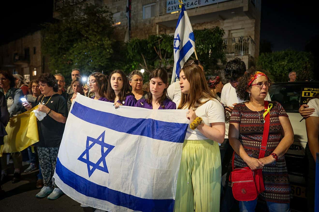 Israelis demonstrate outside the President's Residence in Jerusalem while President Isaac Herzog meets inside with relatives of people abducted by Hamas, Oct. 22, 2023. Photo by Noam Revkin Fenton/Flash90.