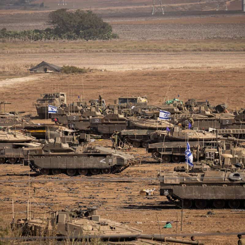 Israeli forces at a staging area near the southern border with Gaza, Oct. 24, 2023. Photo by Yonatan Sindel/Flash90.
