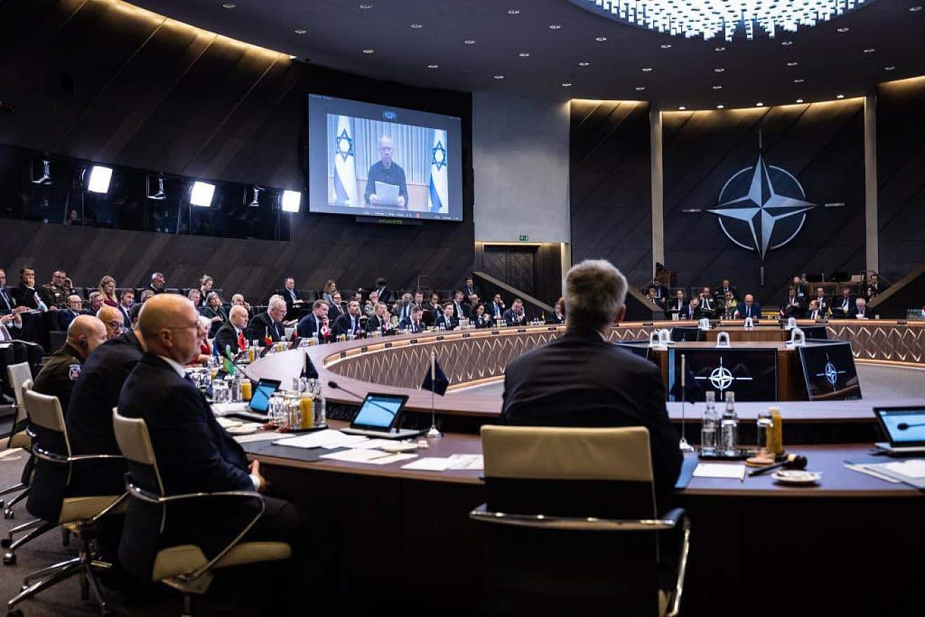 Israeli Defense Minister Yoav Gallant briefs his NATO counterparts on the Hamas atrocities committed against Israelis, Brussels, Oct. 12, 2023. Source: Twitter.