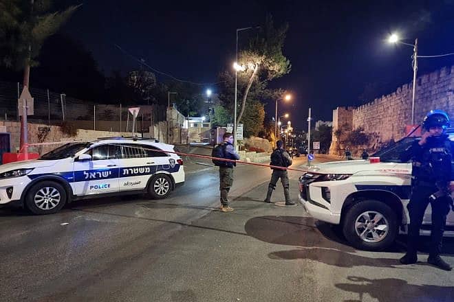 Police forces at the scene of a terrorist shooting just outside the Old City of Jerusalem, Oct. 12, 2023. Credit: Israel Police.