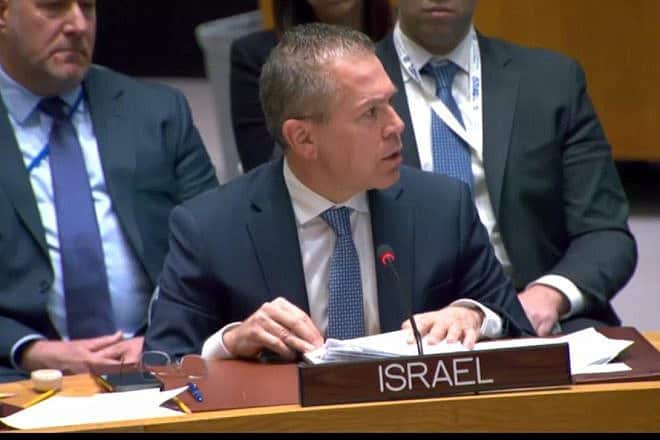 Israeli Ambassador to the United Nations Gilad Erdan at a U.N. Security Council meeting that discussed the war with Hamas in the Gaza Strip, Oct. 18, 2023. Credit: Courtesy of the Israeli Mission to the United Nations.