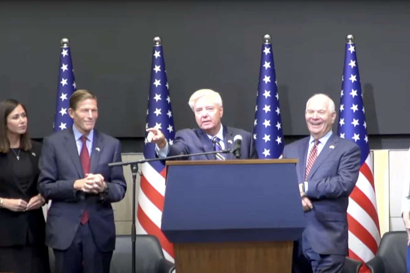 Sen. Lindsey Graham (R-S.C.) answers questions from the podium during a press conference in Israel on Oct. 22, 2023 as part of a bipartisan group of U.S. senators. Source: YouTube/U.S. Embassy Jerusalem.