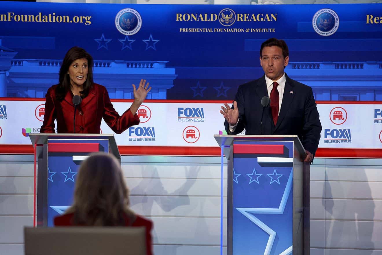 Candidates Nikki Haley and Ron DeSantis during the Republican presidential debate at the Ronald Reagan Presidential Library in Simi Valley, California, Sept. 27, 2023. Source: X/Twitter.