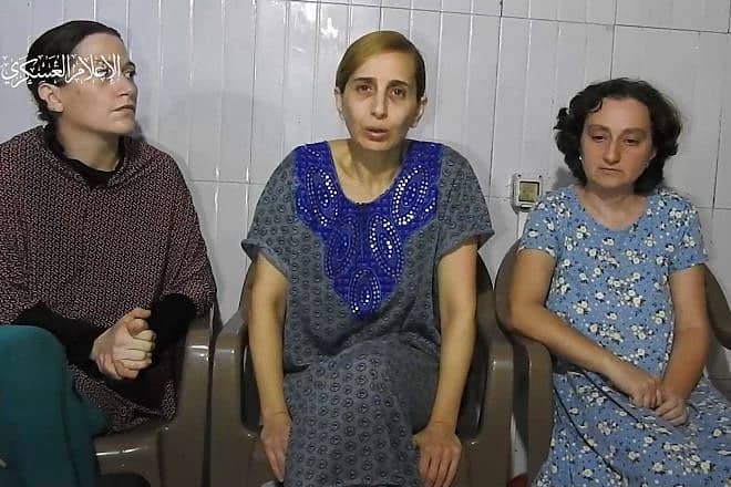 Unverified footage allegedly showing three female Israeli hostages held by Hamas in the Gaza Strip. Source: Screenshot.
