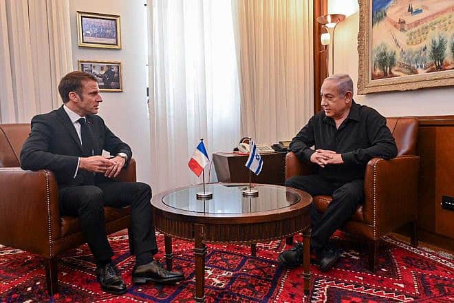 Israeli Prime Minister Benjamin Netanyahu meets with French President Emmanuel Macron in Jerusalem, Oct. 24, 2023. Photo by Kobi Gideon/GPO.