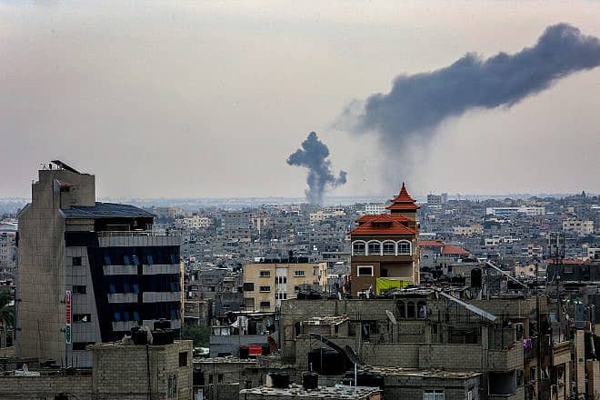 Smoke rises after the Israel Air Forces strikes Hamas targets in the Gaza Strip Oct. 27, 2023. Photo by Abed Rahim Khatib/Flash90.
