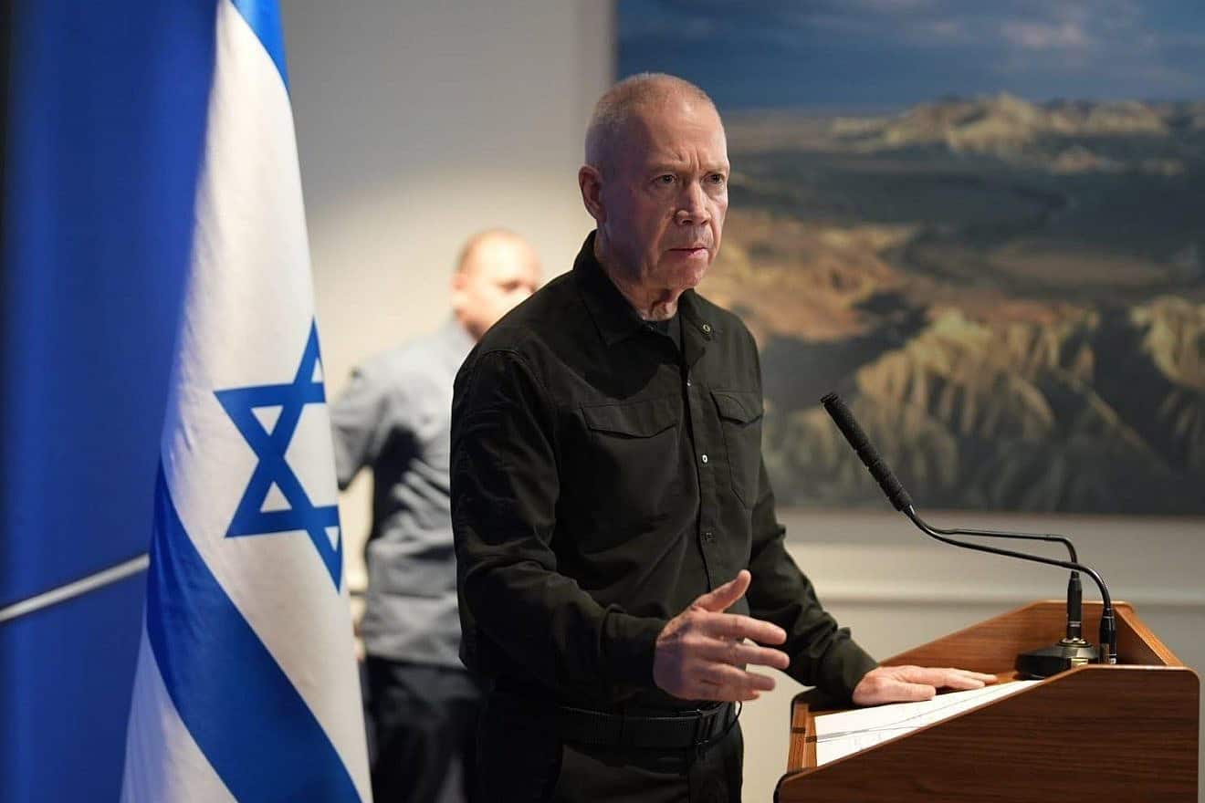 Israeli Defense Minister Yoav Gallant delivers a televised statement to the nation abut the status and goals of war with Hamas on Oct. 26, 2023. Credit: Elad Malka/GPO.