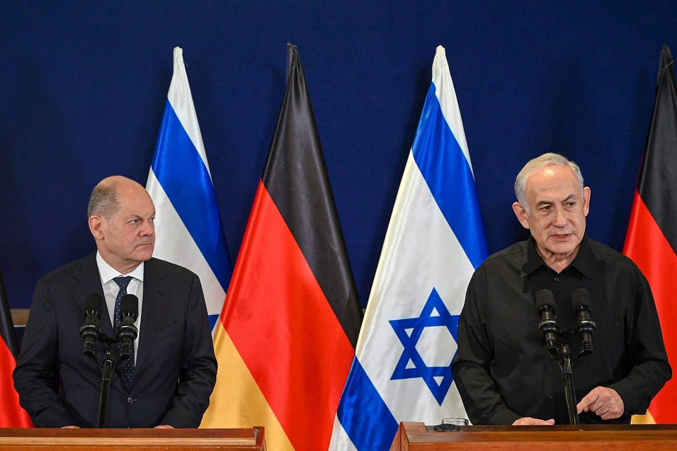 Israeli Prime Minister Benjamin Netanyahu and German Chancellor Olaf Scholz speak to reporters in Tel Aviv on Oct. 17, 2023. Credit: Kobi Gideon/GPO.