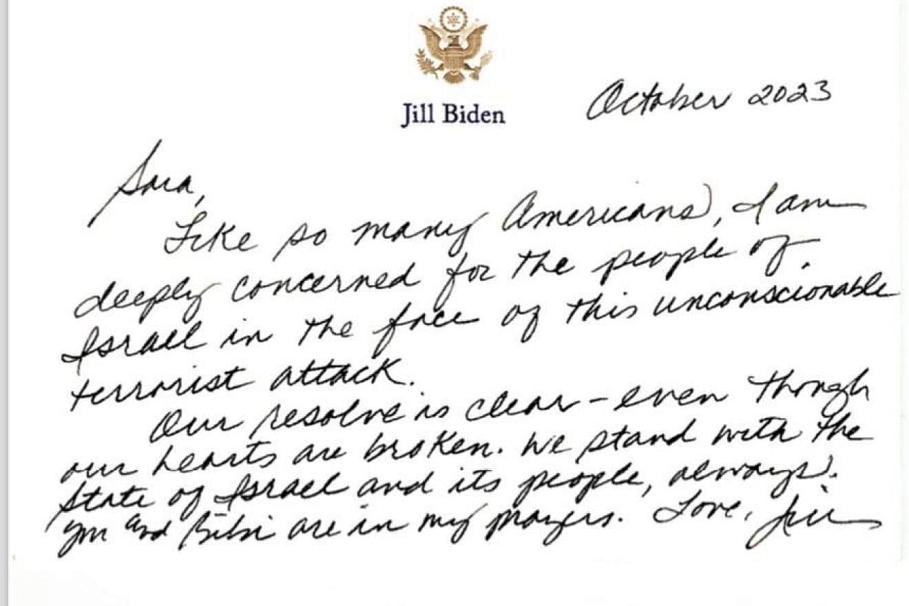 A letter from U.S. first lady Jill Biden to Israeli first lady Sara Netanyahu dated October 2023. Credit: Israeli Government Press Office.